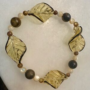 Elegant Gold/Brown and cream Glass Leaf Bracelet, Stretch.